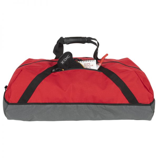A red and black duffel bag with a handle.