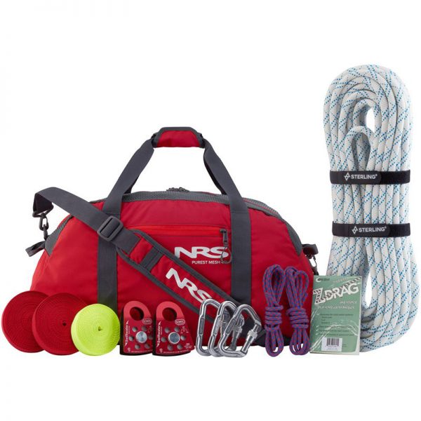 A red NRS Z-Drag Kit with ropes and other items.