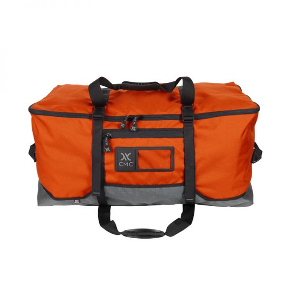 A large orange duffel bag on a white background.
