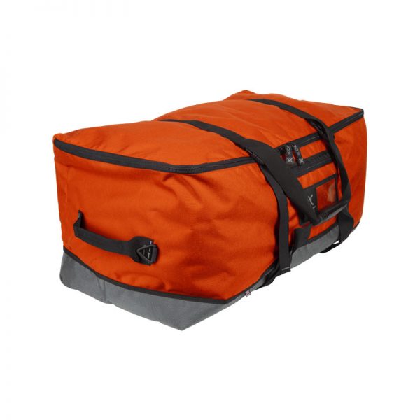 A large orange duffel bag on a white background.