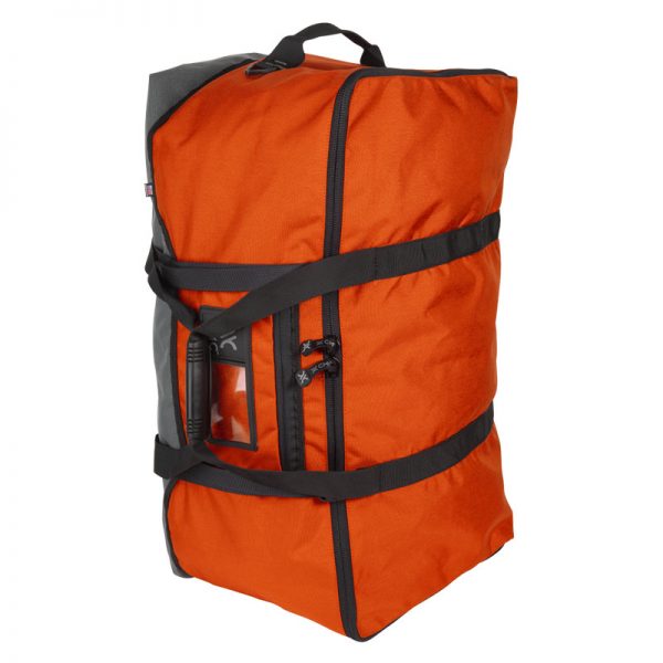 A large orange and black duffel bag on a white background.