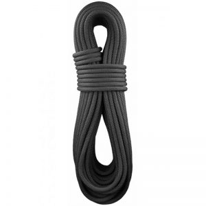 A black climbing rope on a white background.