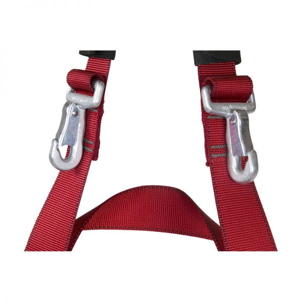 A red STRAP, CEARLEY RESCUE, with two metal hooks on it.