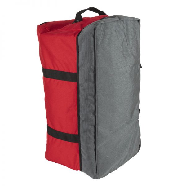 A red and gray duffel bag on a white background.