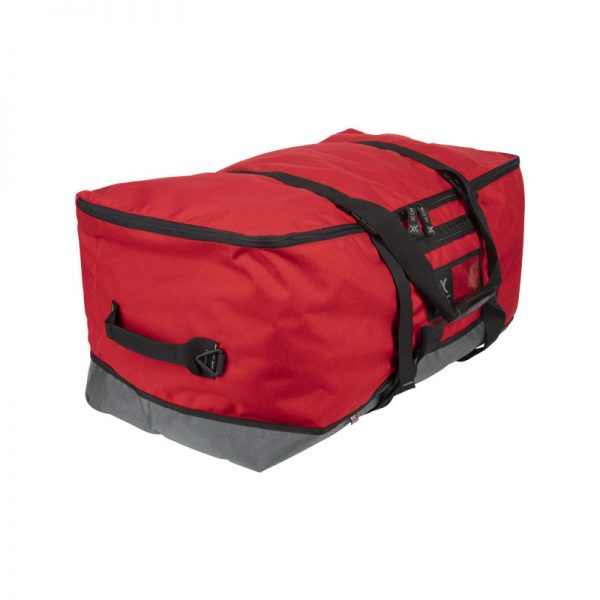 A red duffel bag on a white background.