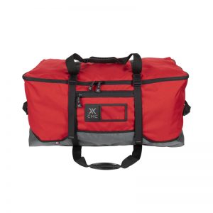 A red and gray duffel bag with handles.