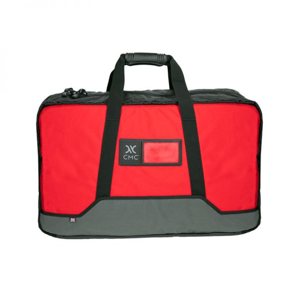 A red and black duffel bag with a handle.