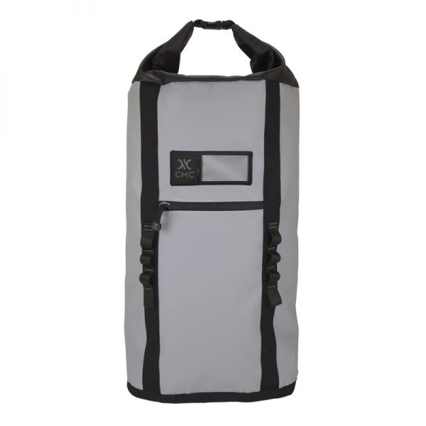 A grey and black dry bag on a white background.