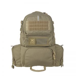 A khaki backpack with two compartments and a shoulder strap.