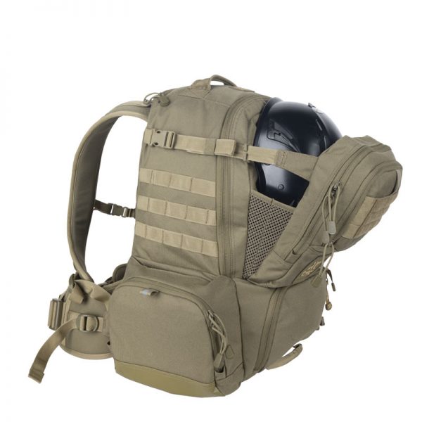 A military backpack with a helmet on it.