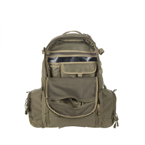 A khaki backpack with two compartments and a laptop sleeve.