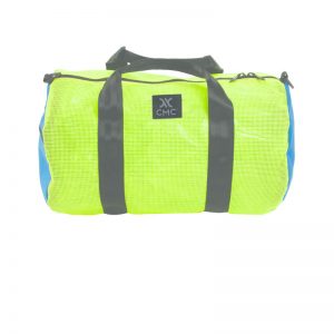 A yellow and blue duffel bag on a white background.