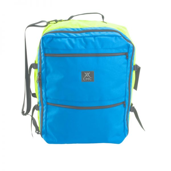 A blue and yellow backpack on a white background.