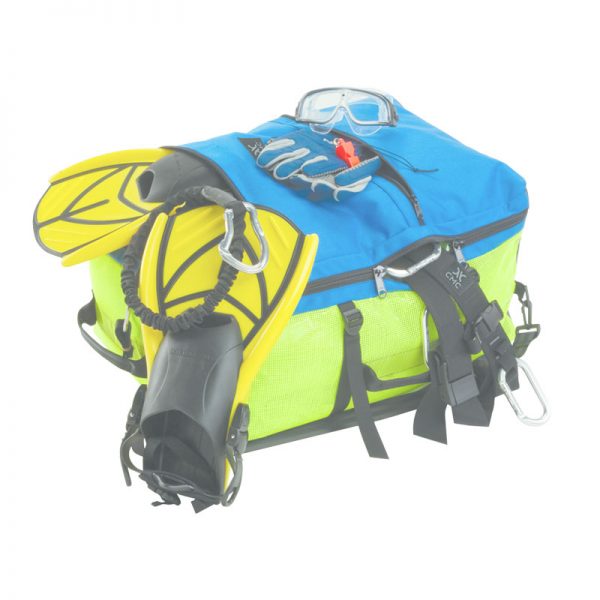 A bag with scuba gear and a pair of goggles.
