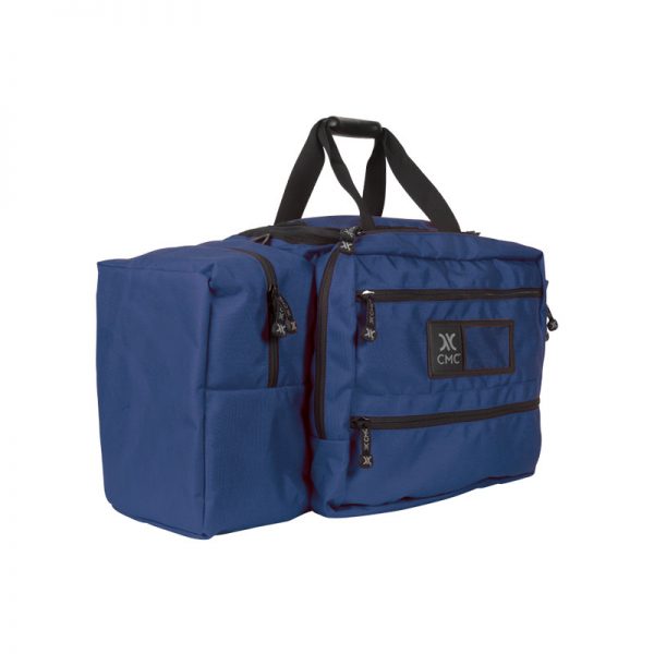 A blue duffel bag with two handles.