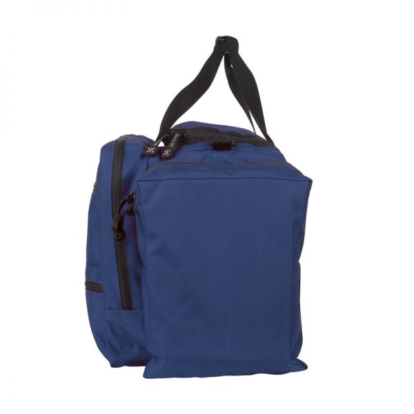 A blue duffel bag on a white background.