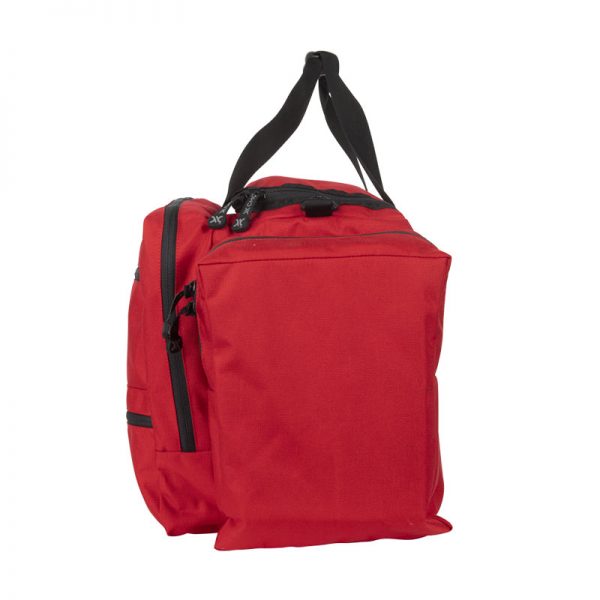 A red duffel bag on a white background.