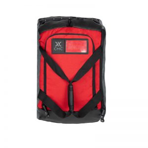 A red and black duffel bag on a white background.