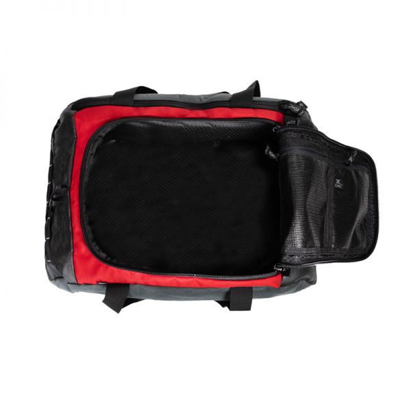 A black and red duffel bag on a white background.