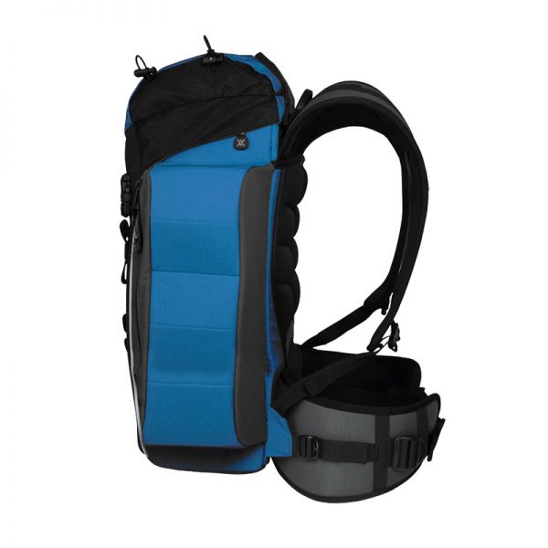 A blue and black backpack on a white background.