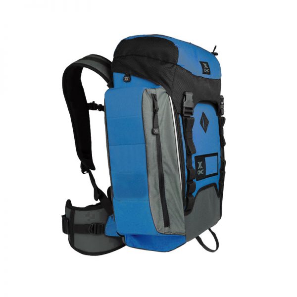 A blue and black backpack with a strap.