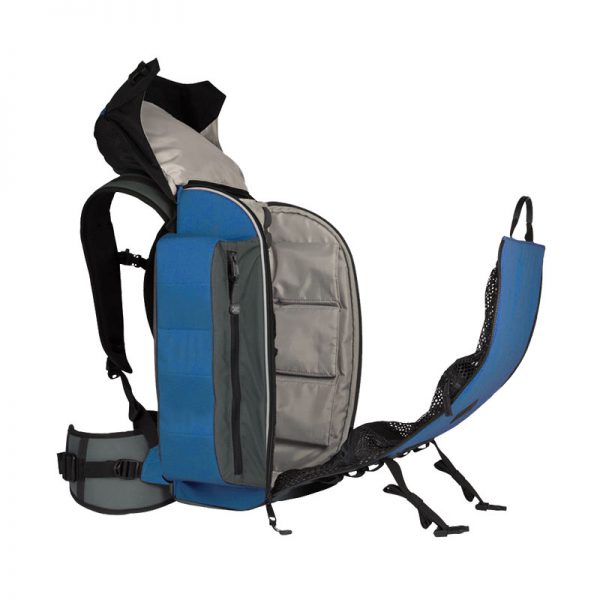 A blue backpack with a zippered compartment.