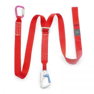 A red STRAP with a carabiner attached to it.