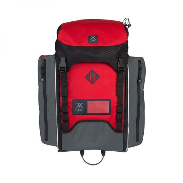 A red and black backpack on a white background.