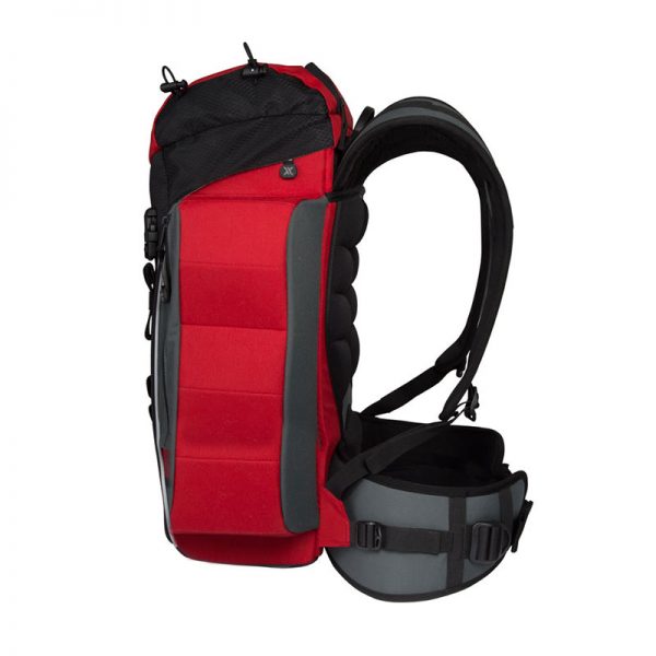 A red and black backpack on a white background.