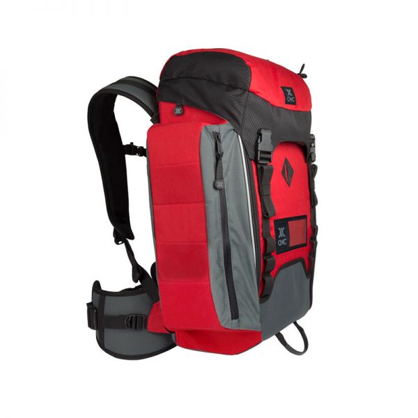 A red and grey backpack with a black strap.