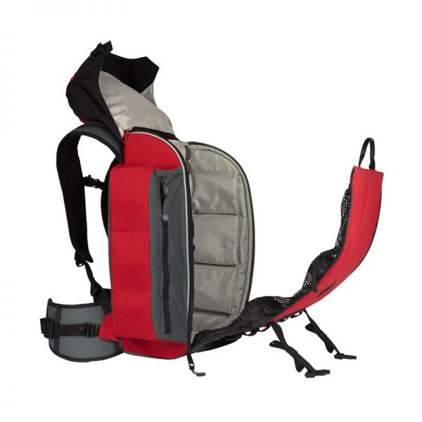 A red and gray backpack with a zippered compartment.