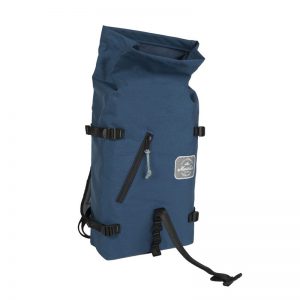 A blue backpack with black straps.