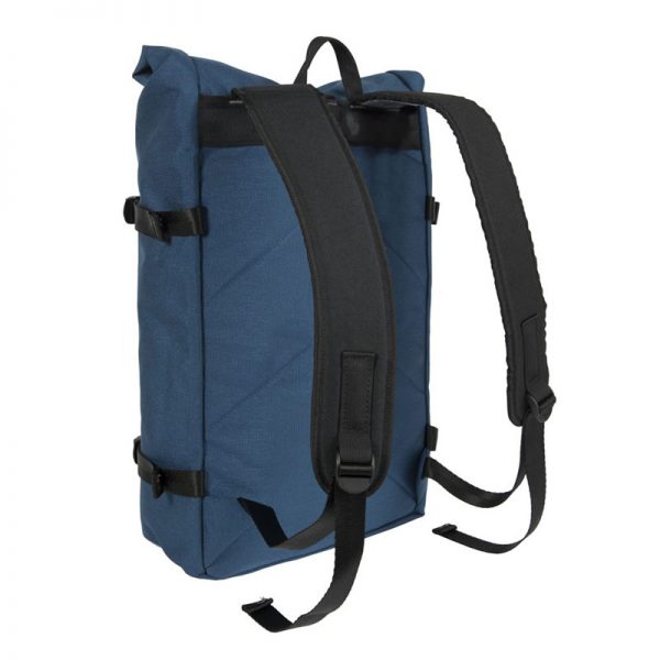 A blue backpack with black straps.
