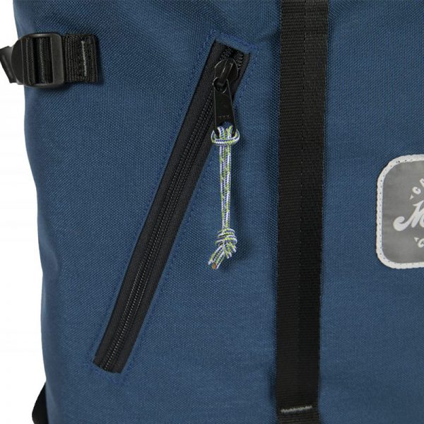 A blue backpack with a zippered pocket.