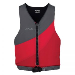 A red and grey life jacket.