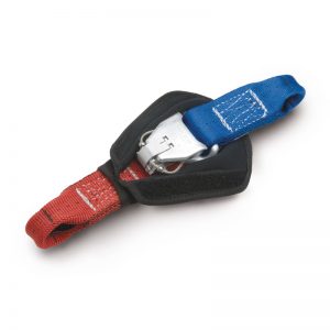 A blue and red Cearley Rescue strap with a buckle on it.