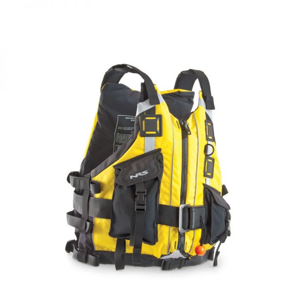 A yellow and black life jacket on a white background.