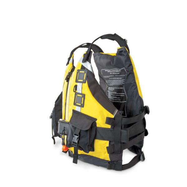 A yellow and black life jacket on a white background.