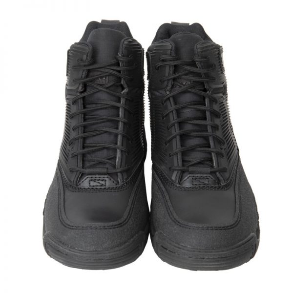 A pair of black boots with laces.