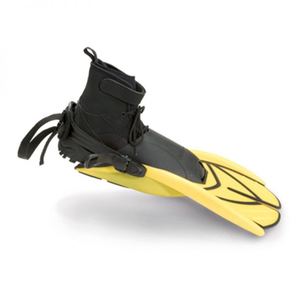 A pair of yellow and black flippers on a white background.