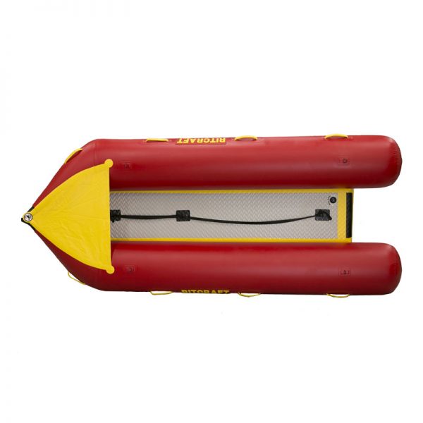 A red and yellow inflatable raft on a white background.