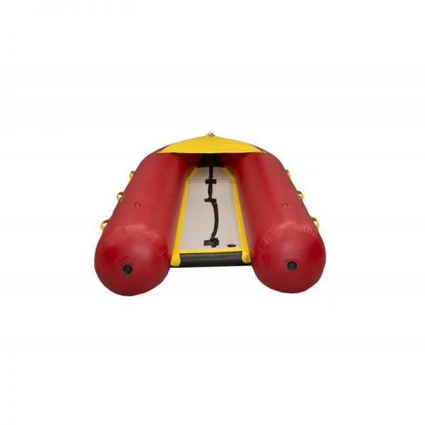 A red and yellow inflatable raft on a white background.