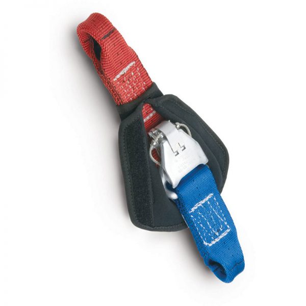 A red and blue Cearley Rescue strap with a buckle.