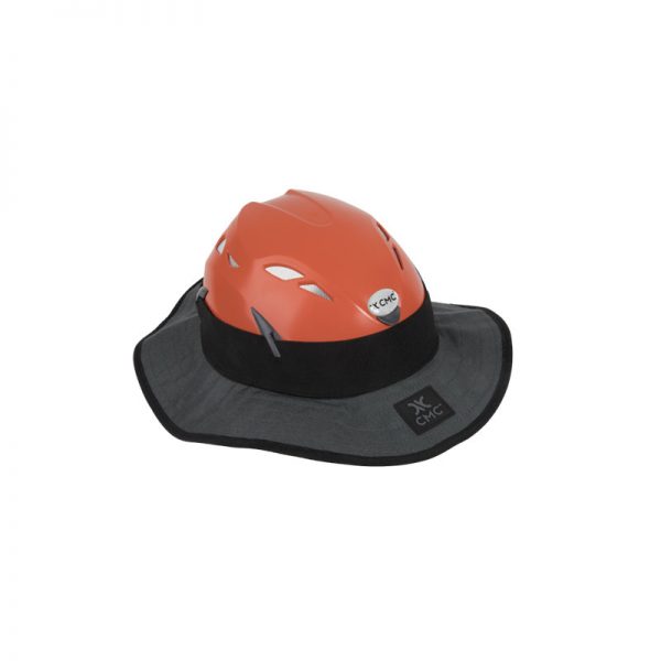 A orange and black hat with a helmet on it.