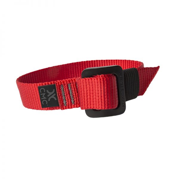 A red nylon STRAP, CEARLEY RESCUE, with a black buckle.