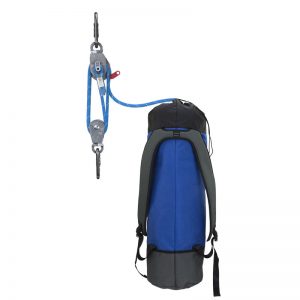 A blue backpack with a rope attached to it.