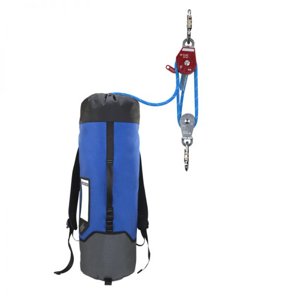 A blue backpack with a rope attached to it.