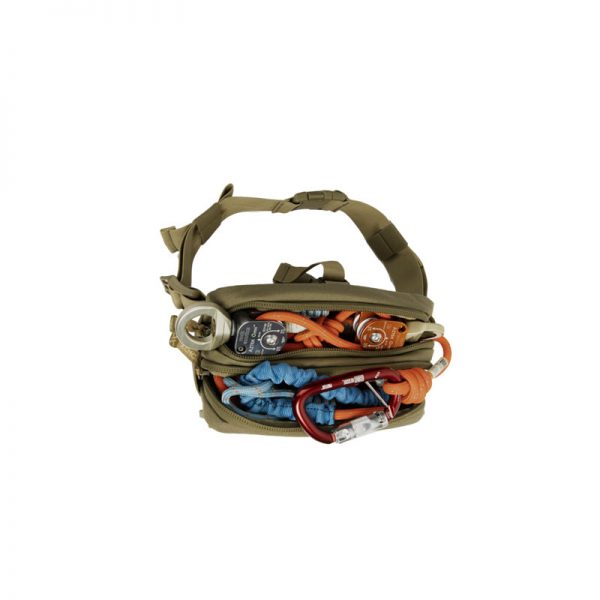 A tan fanny pack filled with a variety of tools.