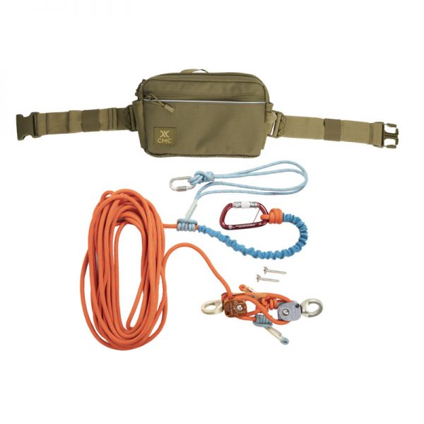 A belt with a harness, ropes, and lanyards.