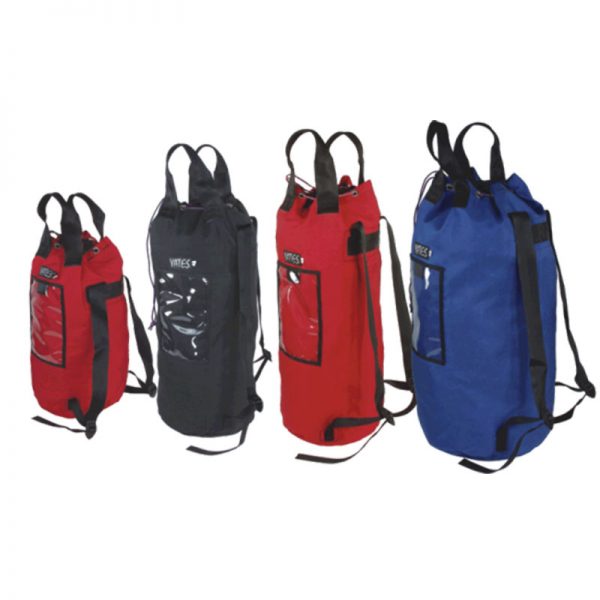 Four different colors of a BS ROPE BAG W/ STRAPS.